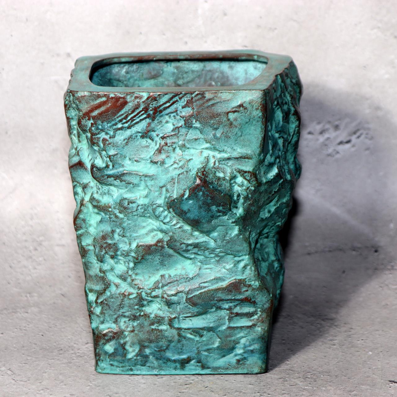 Japanese Bronze Vase Shiraishi Masayoshi Textured Green Patina with Box BV6902