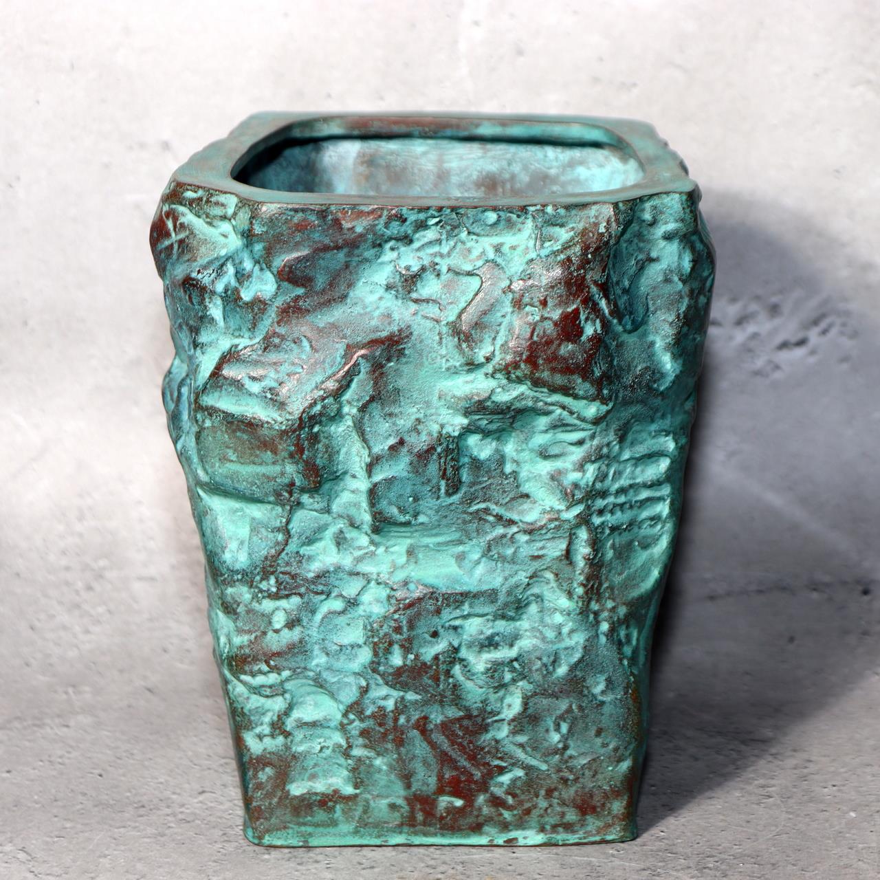 Japanese Bronze Vase Shiraishi Masayoshi Textured Green Patina with Box BV6904