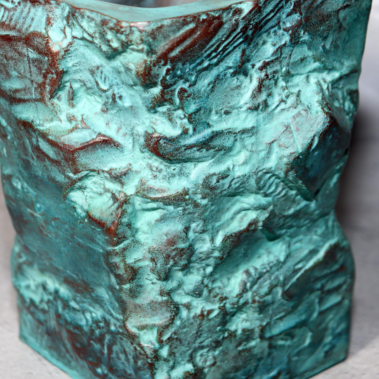 Japanese Bronze Vase Shiraishi Masayoshi Textured Green Patina with Box BV69010