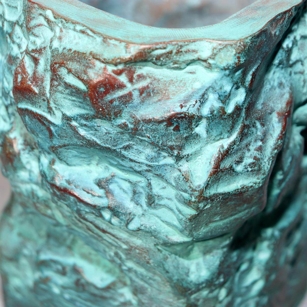 Japanese Bronze Vase Shiraishi Masayoshi Textured Green Patina with Box BV69016