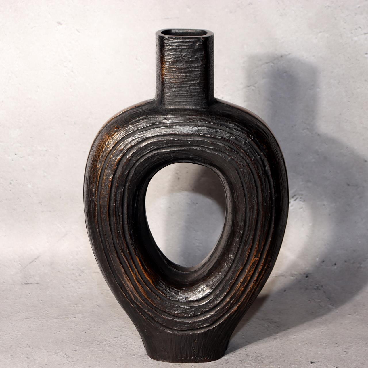 Japanese Bronze Vase Sculptural Hollow Form Signed with Wooden Box BV6911