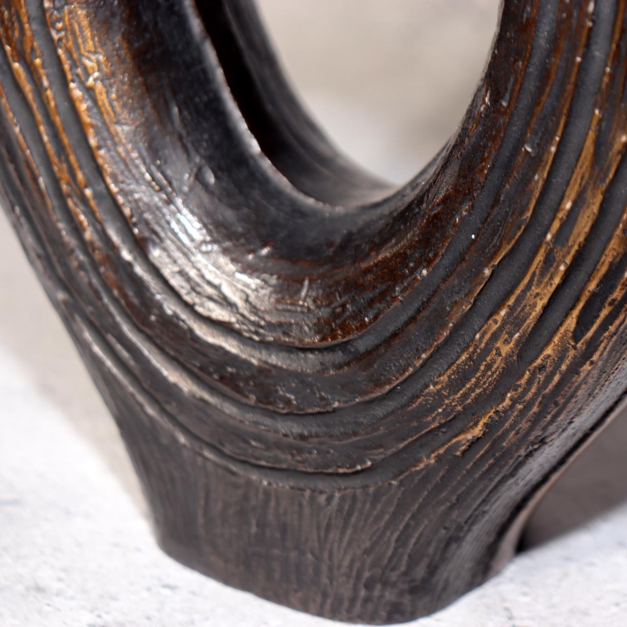 Japanese Bronze Vase Sculptural Hollow Form Signed with Wooden Box BV69115