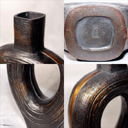 Japanese Bronze Vase Sculptural Hollow Form Signed with Wooden Box BV6917