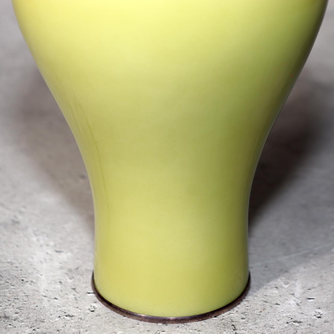 Japanese Ando Cloisonne Vase Yellow Ougyoku Glaze Silver Rim Signed w / Box7