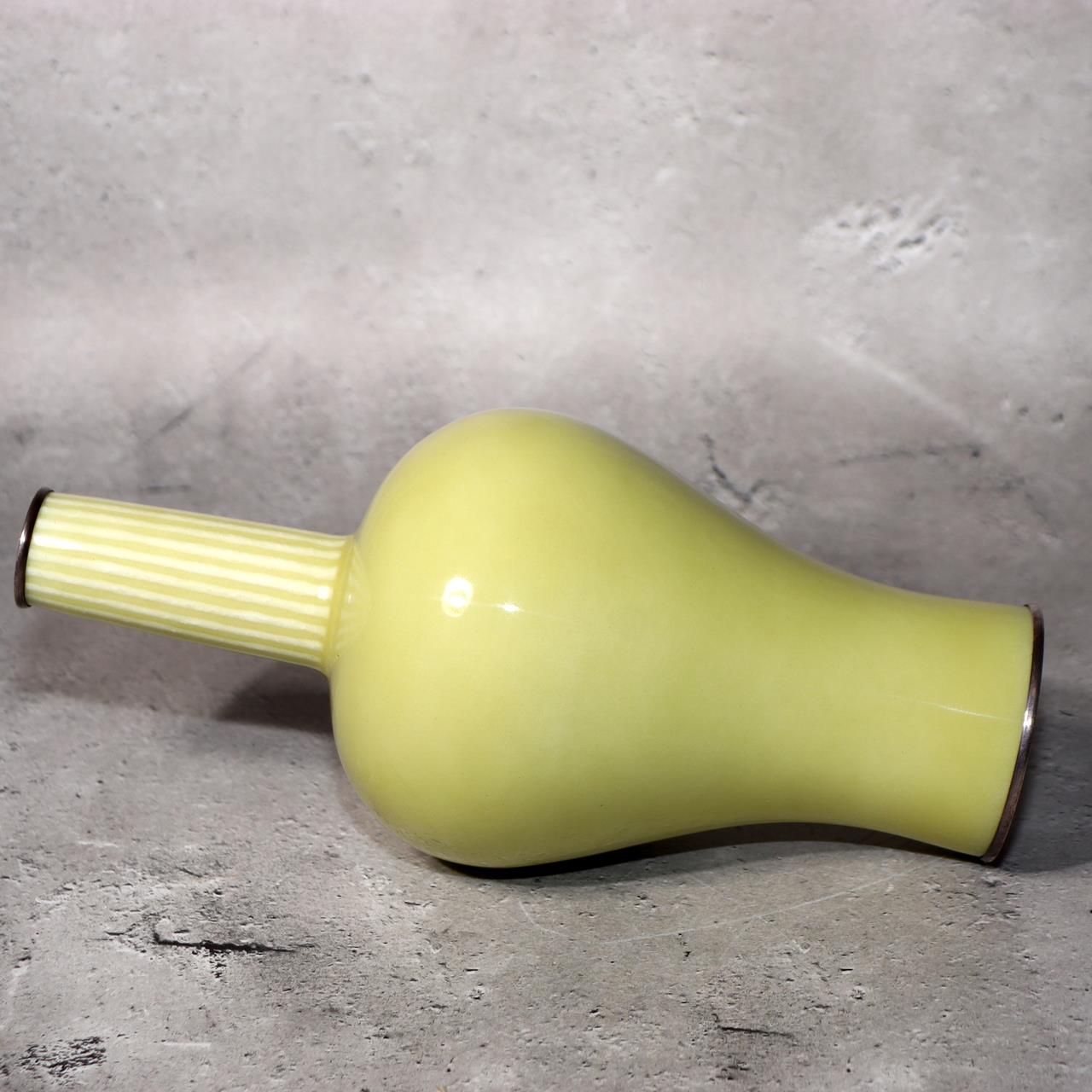 Japanese Ando Cloisonne Vase Yellow Ougyoku Glaze Silver Rim Signed w / Box11