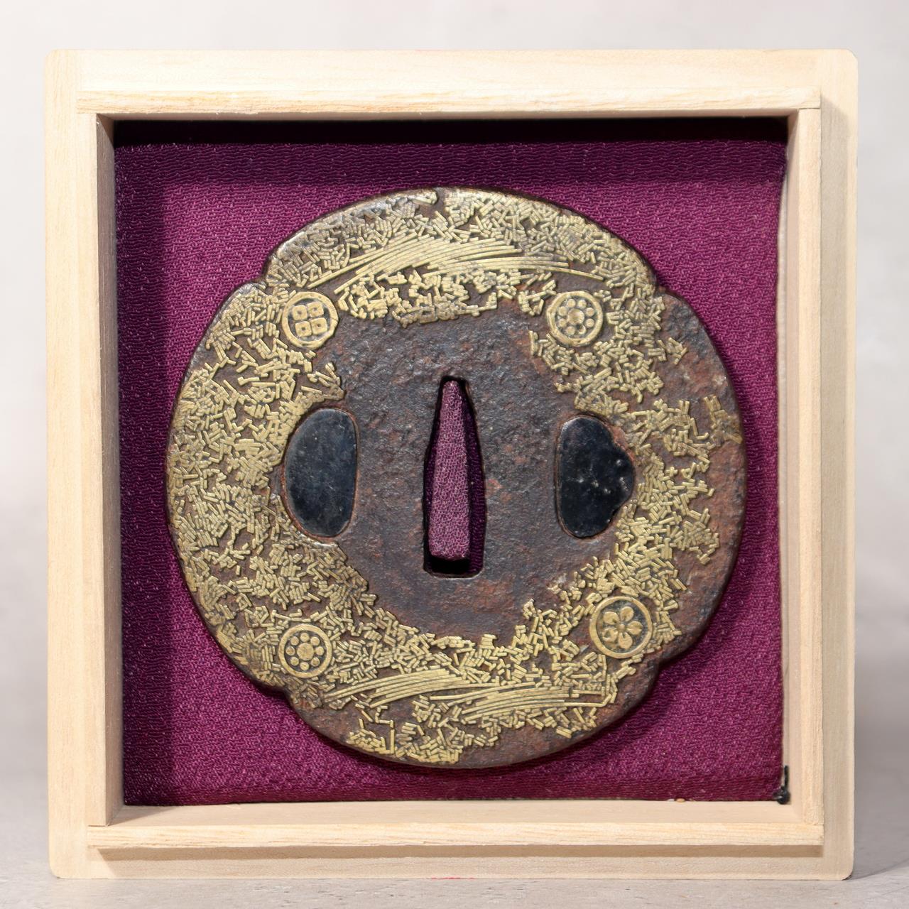 Japanese Antique Edo Iron Tsuba Kyoto Kinko Gold Inlay Fuyukiyose Sword Guard3