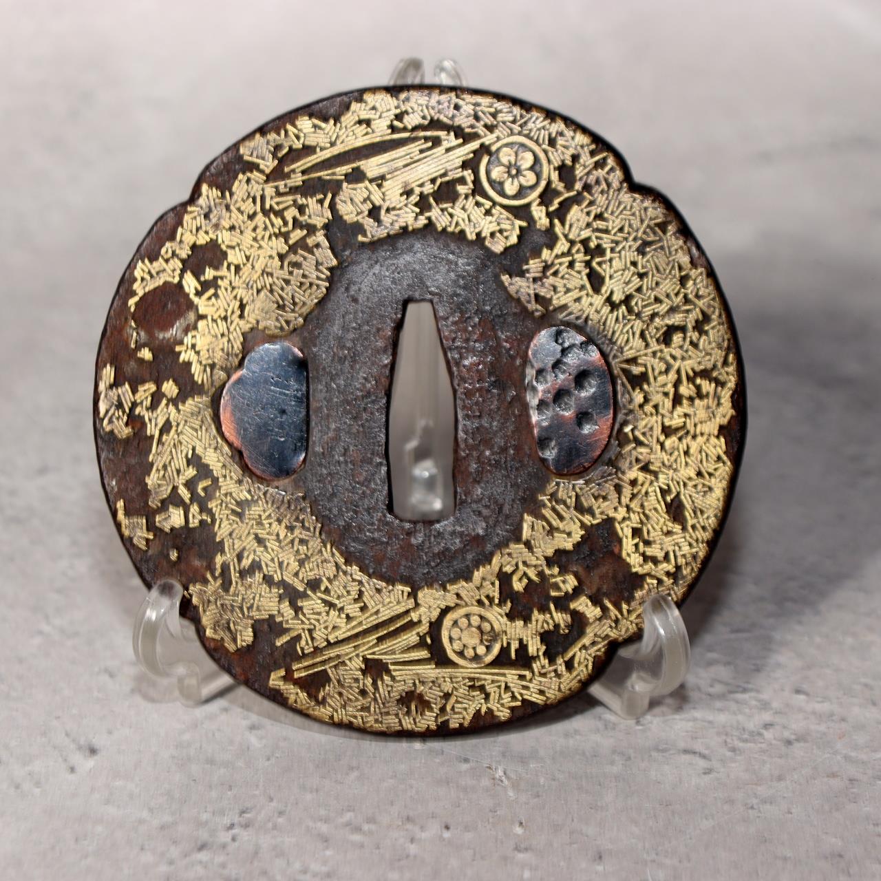 Japanese Antique Edo Iron Tsuba Kyoto Kinko Gold Inlay Fuyukiyose Sword Guard1