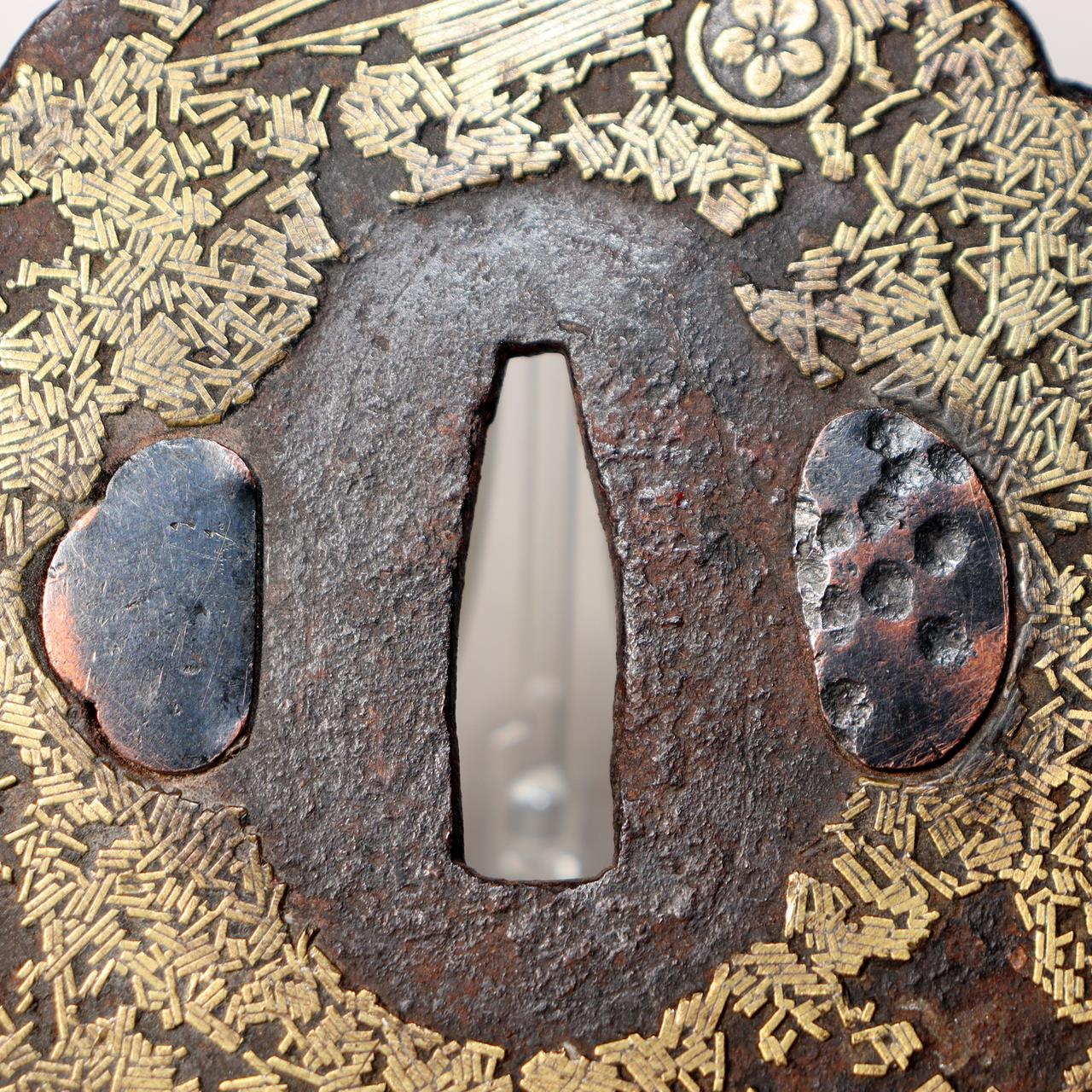 Japanese Antique Edo Iron Tsuba Kyoto Kinko Gold Inlay Fuyukiyose Sword Guard10