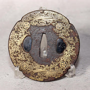 Japanese Antique Edo Iron Tsuba Kyoto Kinko Gold Inlay Fuyukiyose Sword Guard0