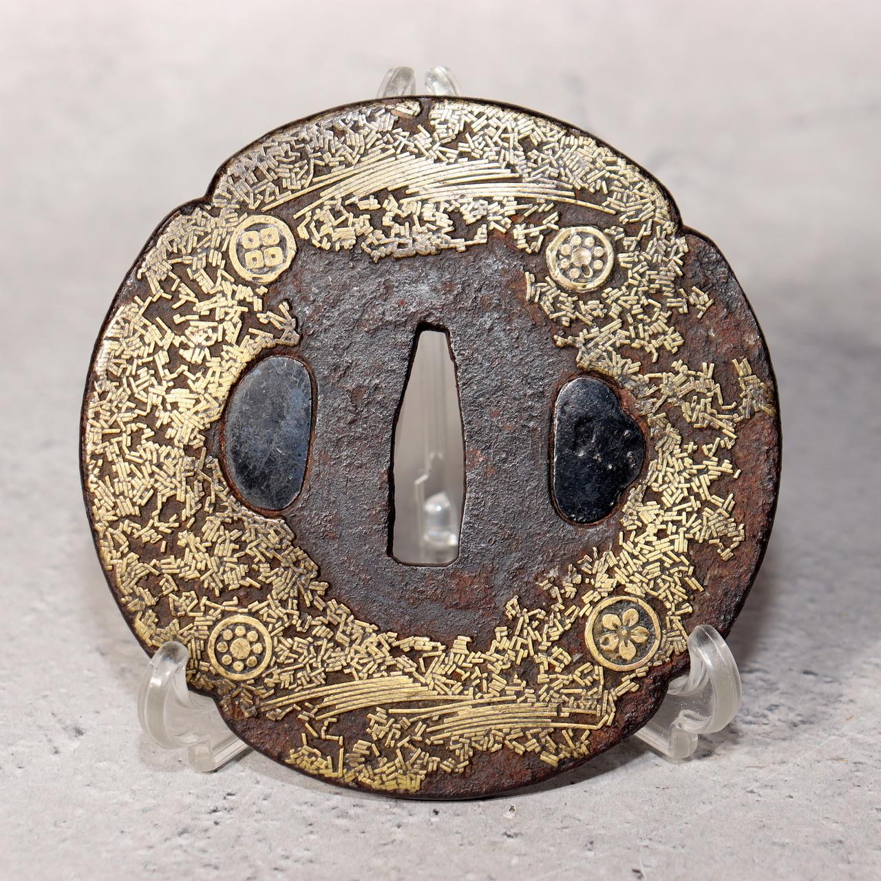 Japanese Antique Edo Iron Tsuba Kyoto Kinko Gold Inlay Fuyukiyose Sword Guard0