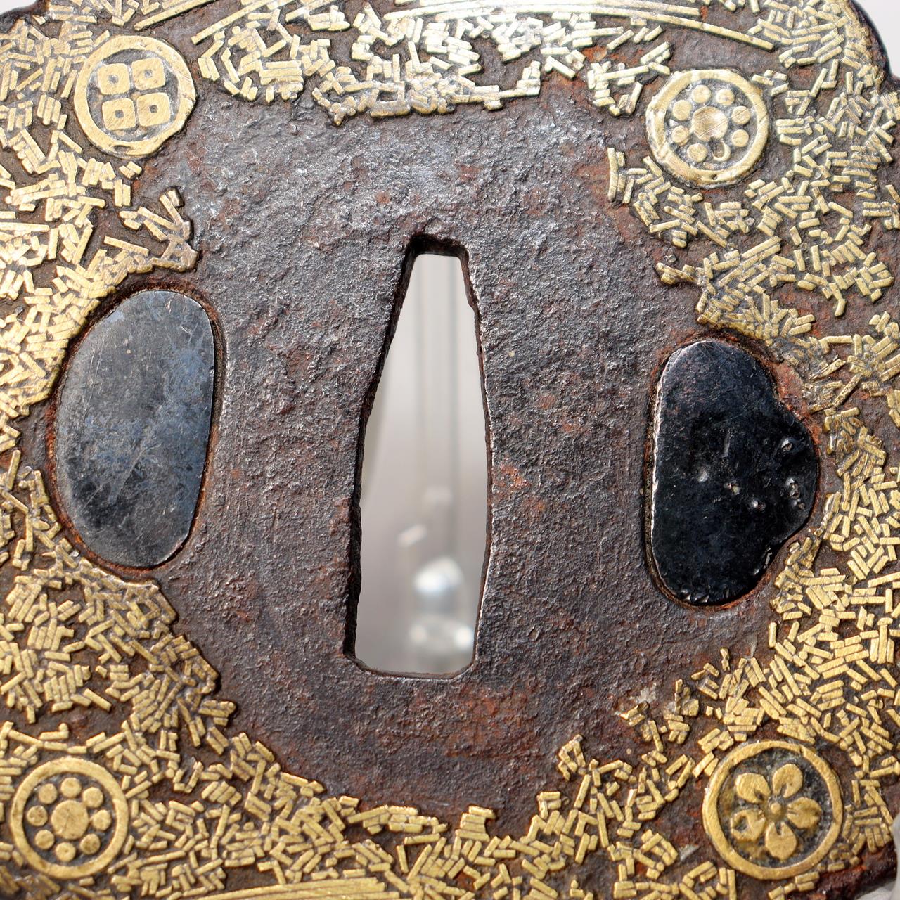 Japanese Antique Edo Iron Tsuba Kyoto Kinko Gold Inlay Fuyukiyose Sword Guard5