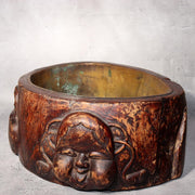 Japanese Wooden Hibachi Brazier Hand-Carved Cat, Lion, Daruma & Noh Mask WO4853