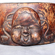 Japanese Wooden Hibachi Brazier Hand-Carved Cat, Lion, Daruma & Noh Mask WO48511