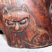 Japanese Wooden Hibachi Brazier Hand-Carved Cat, Lion, Daruma & Noh Mask WO48515
