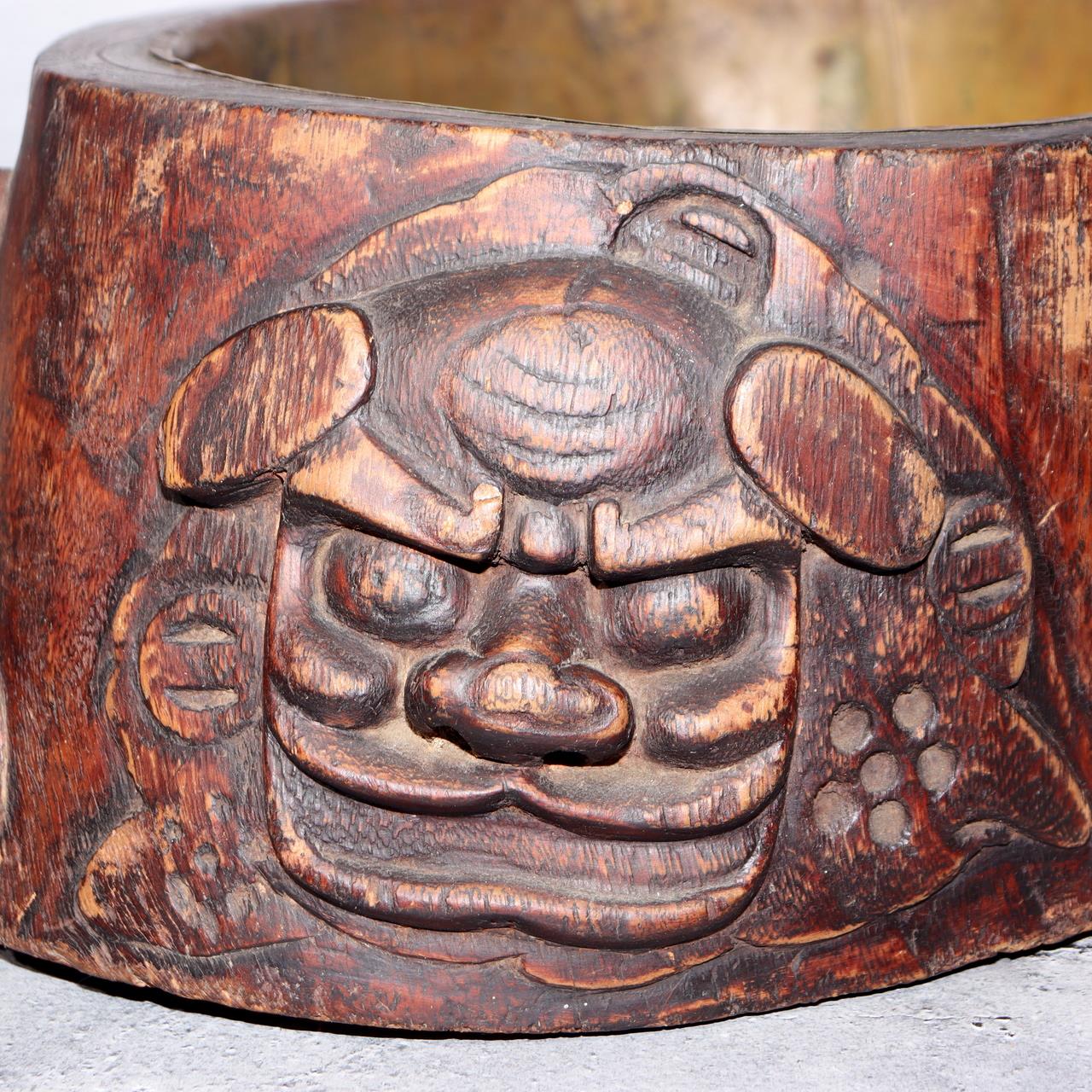 Japanese Wooden Hibachi Brazier Hand-Carved Cat, Lion, Daruma & Noh Mask WO48516