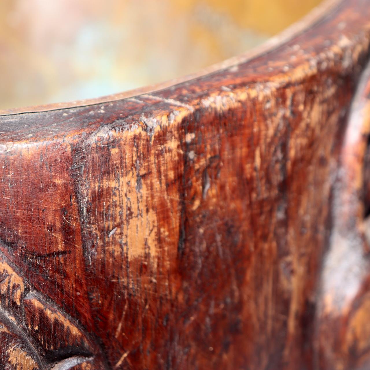 Japanese Wooden Hibachi Brazier Hand-Carved Cat, Lion, Daruma & Noh Mask WO48517