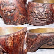 Japanese Wooden Hibachi Brazier Hand-Carved Cat, Lion, Daruma & Noh Mask WO4857