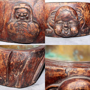 Japanese Wooden Hibachi Brazier Hand-Carved Cat, Lion, Daruma & Noh Mask WO4856