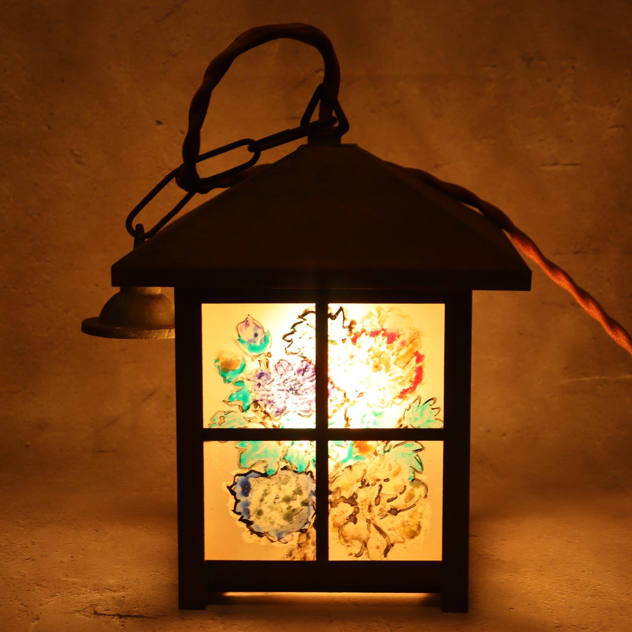 Japanese Vintage Iron Glass Hanging Lantern Hand-Painted Panels Garden Temple0