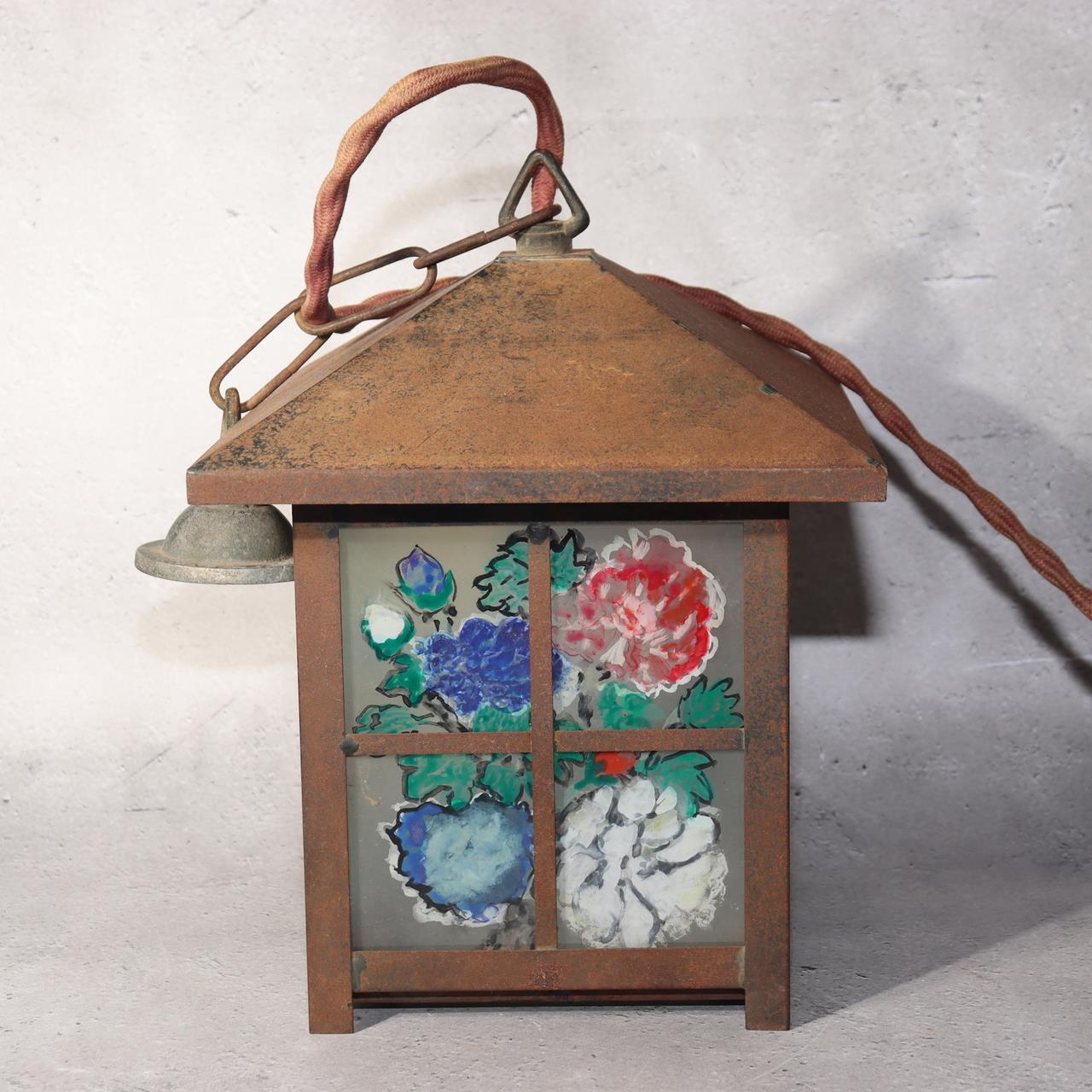 Japanese Vintage Iron Glass Hanging Lantern Hand-Painted Panels Garden Temple1