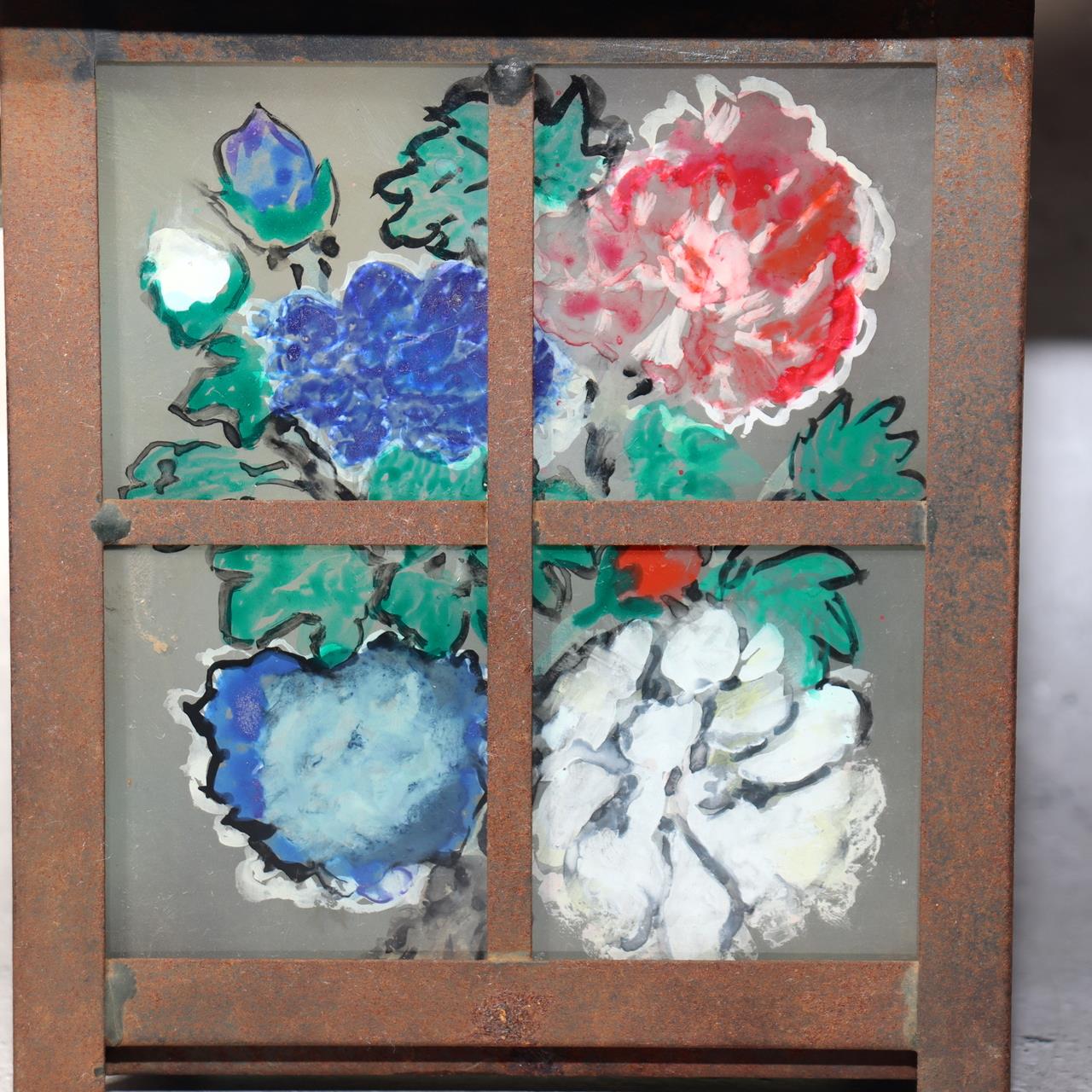 Japanese Vintage Iron Glass Hanging Lantern Hand-Painted Panels Garden Temple10