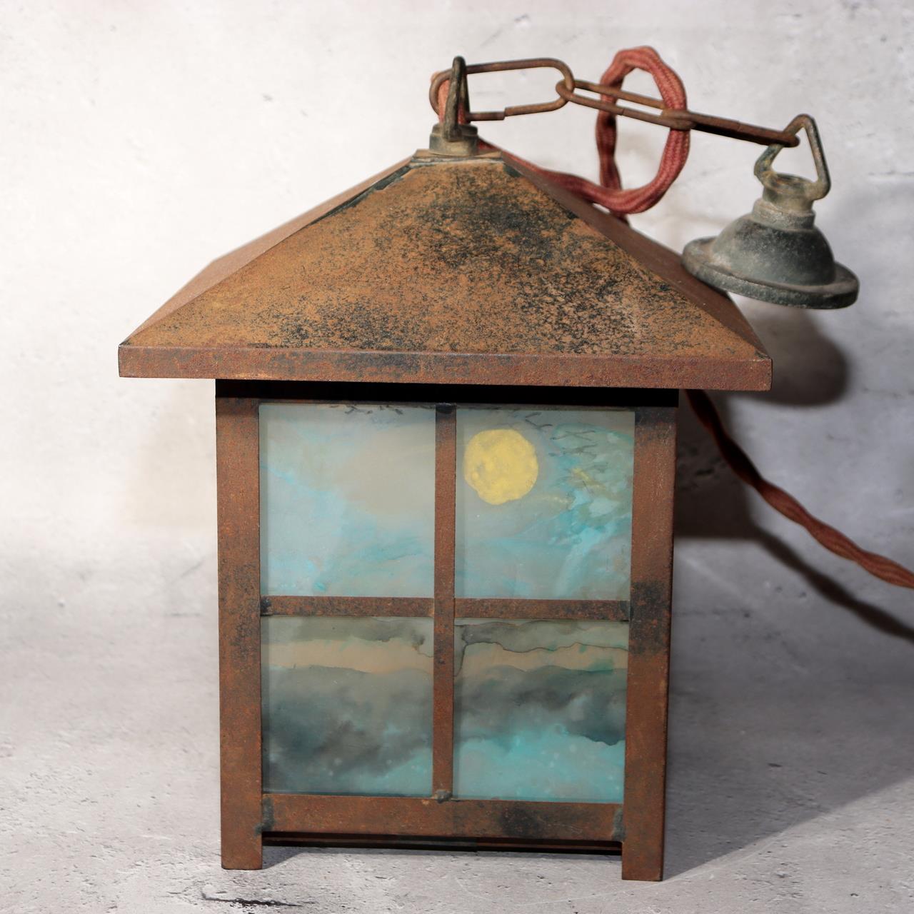 Japanese Vintage Iron Glass Hanging Lantern Hand-Painted Panels Garden Temple2