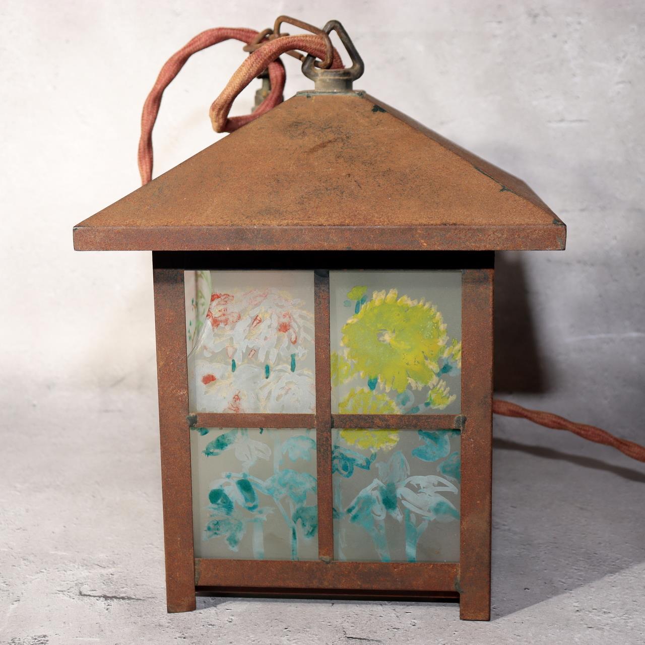 Japanese Vintage Iron Glass Hanging Lantern Hand-Painted Panels Garden Temple3