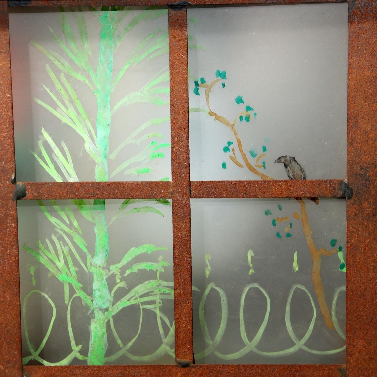Japanese Vintage Iron Glass Hanging Lantern Hand-Painted Panels Garden Temple14