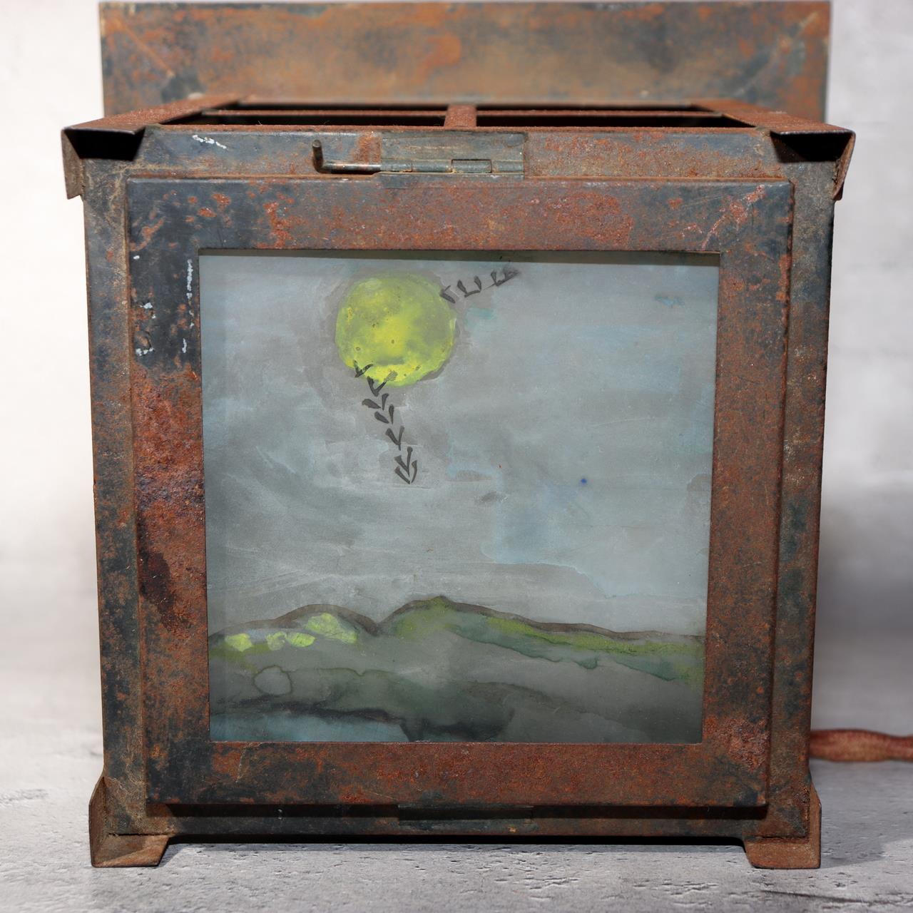 Japanese Vintage Iron Glass Hanging Lantern Hand-Painted Panels Garden Temple5