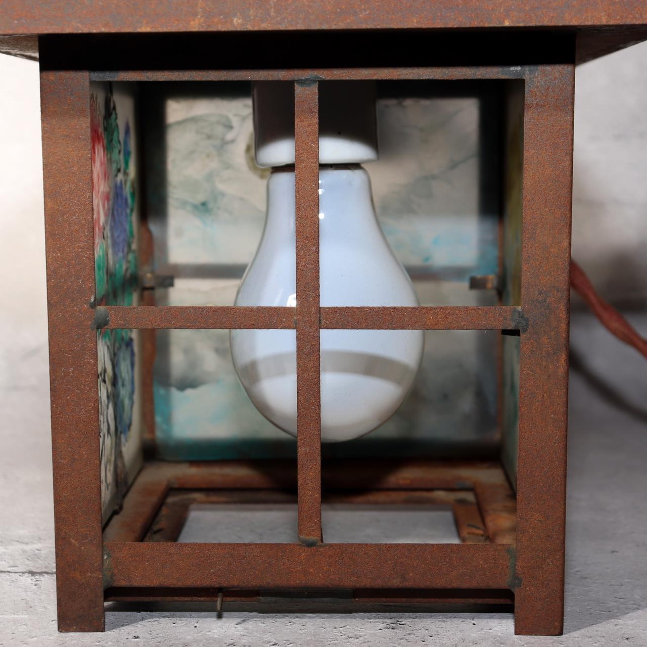Japanese Vintage Iron Glass Hanging Lantern Hand-Painted Panels Garden Temple22