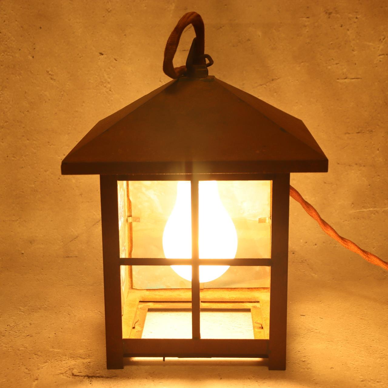 Japanese Vintage Iron Glass Hanging Lantern Hand-Painted Panels Garden Temple21