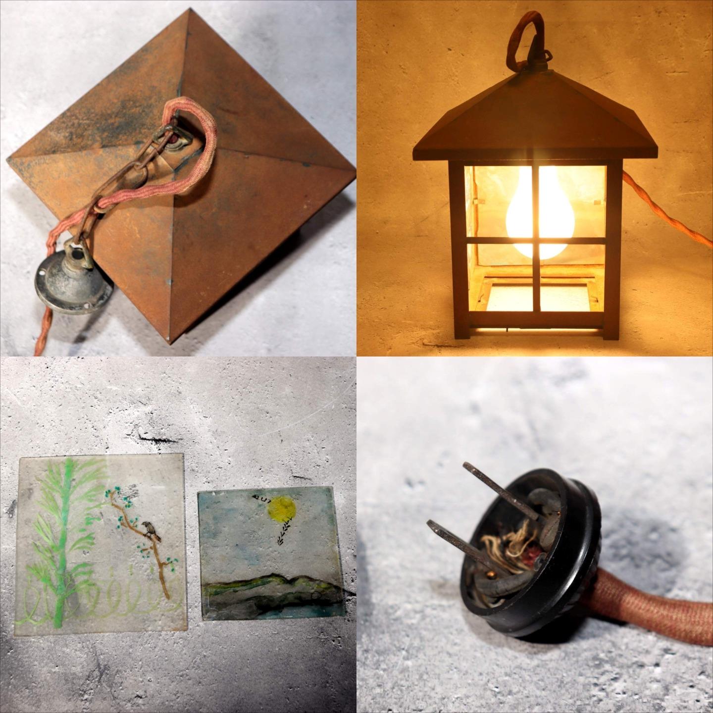 Japanese Vintage Iron Glass Hanging Lantern Hand-Painted Panels Garden Temple9