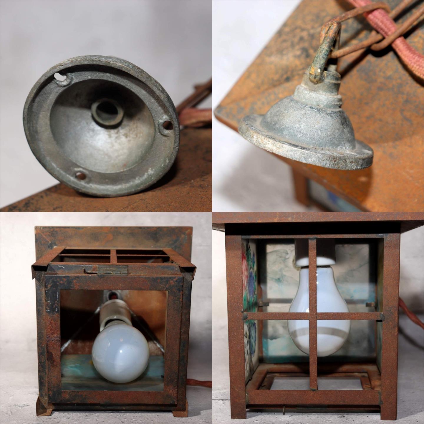 Japanese Vintage Iron Glass Hanging Lantern Hand-Painted Panels Garden Temple8