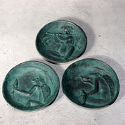 Japanese Vintage Iron Plates Kappa Design 3pcs Signed Folk Art Tray or Ashtray0