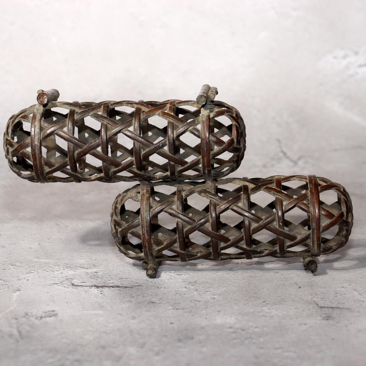 Japanese Bronze Jakago River Basket Flower Holder Ikebana Suiban Tenpai Zen Vase4