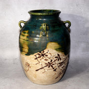 Japanese Vintage Oribe Ware Vase Ear Handles Green Glaze Signed SCBP490