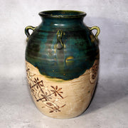 Japanese Vintage Oribe Ware Vase Ear Handles Green Glaze Signed SCBP492