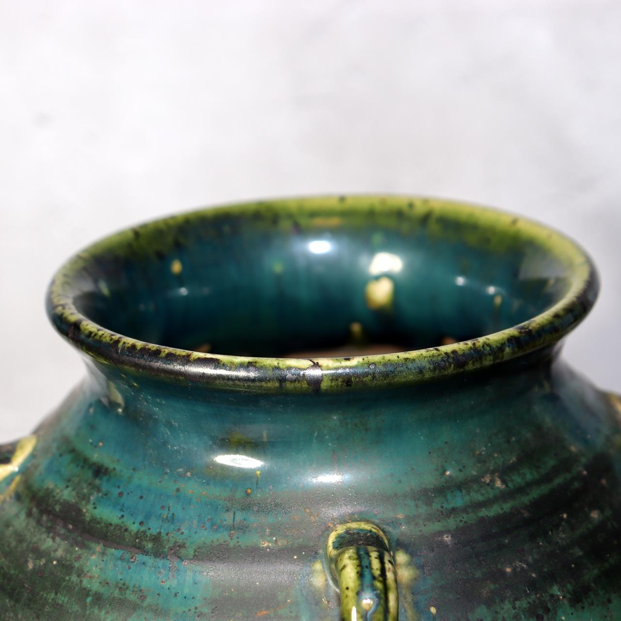 Japanese Vintage Oribe Ware Vase Ear Handles Green Glaze Signed SCBP496
