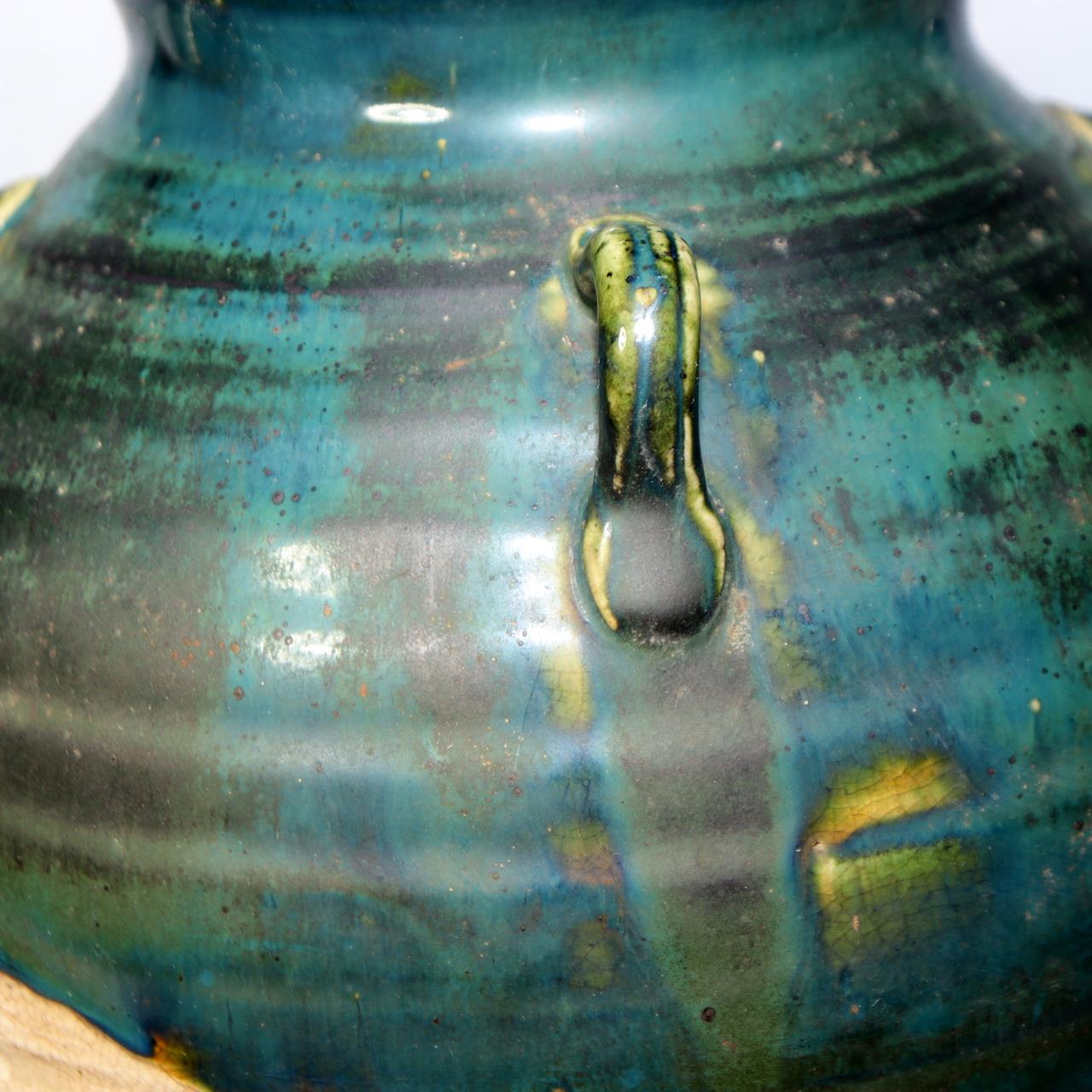 Japanese Vintage Oribe Ware Vase Ear Handles Green Glaze Signed SCBP4915