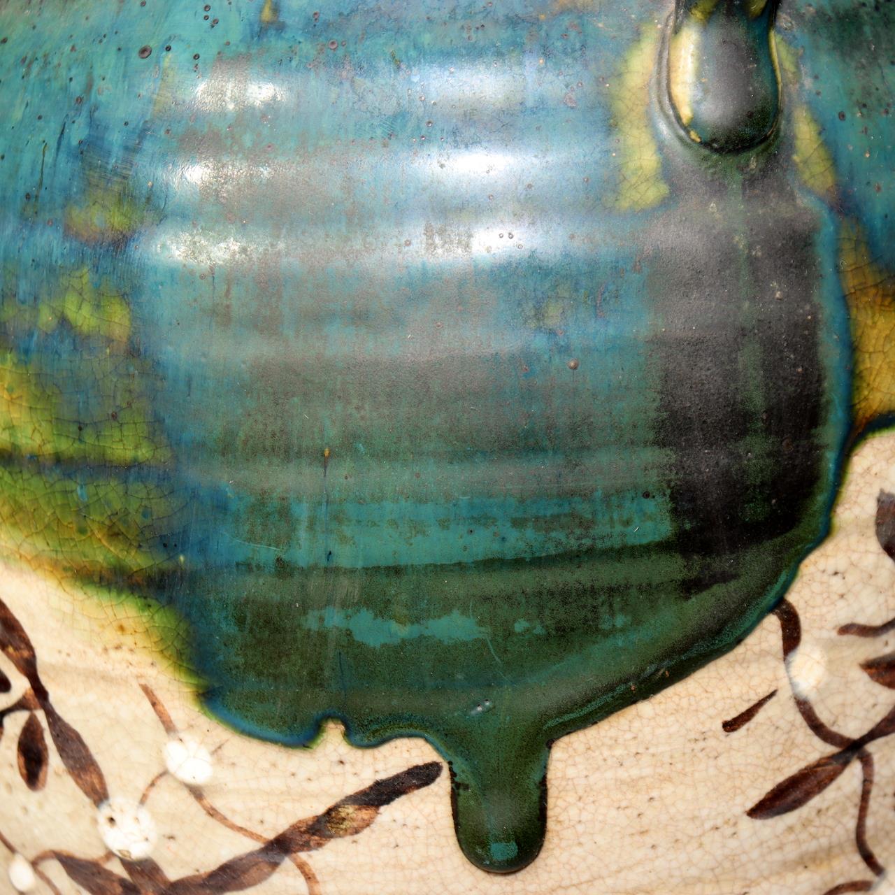 Japanese Vintage Oribe Ware Vase Ear Handles Green Glaze Signed SCBP4916