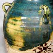Japanese Vintage Oribe Ware Vase Ear Handles Green Glaze Signed SCBP4917