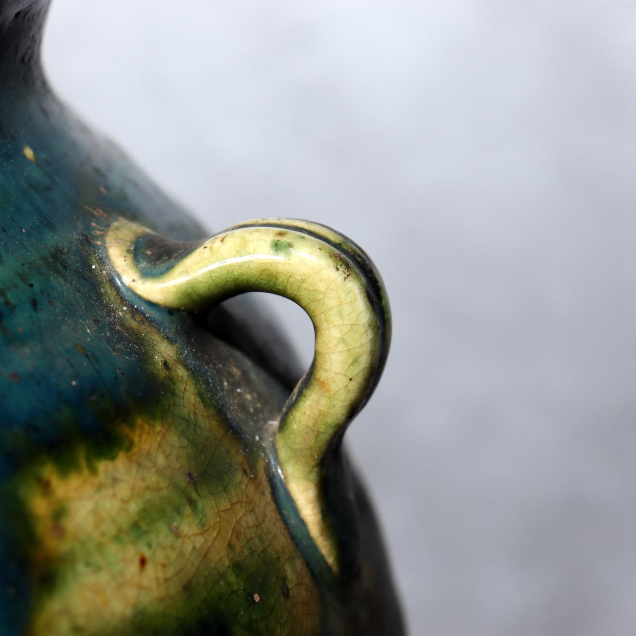 Japanese Vintage Oribe Ware Vase Ear Handles Green Glaze Signed SCBP4914