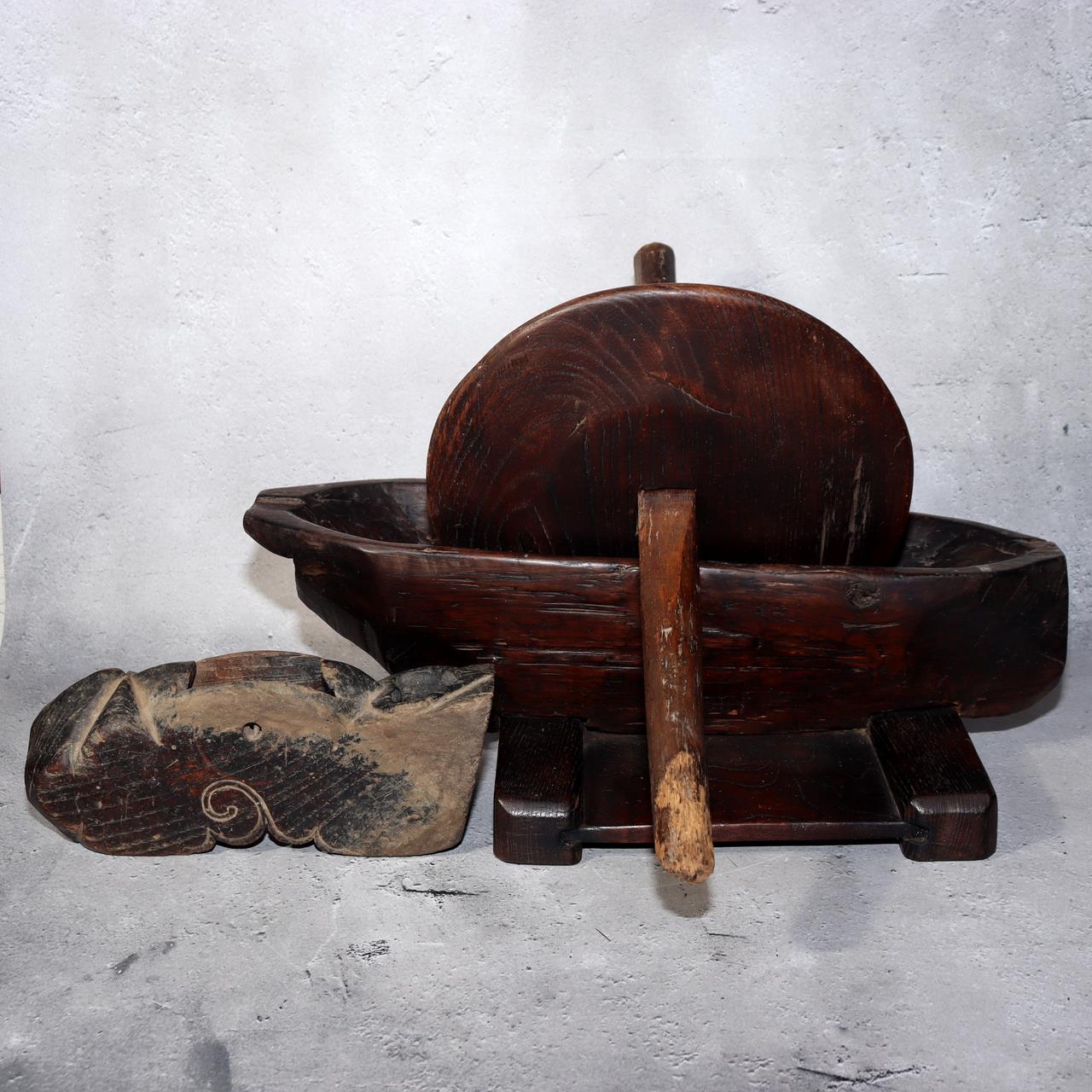 Japanese Antique Wooden Yagen & Ink Pot Medicine Grinder Mingei Folk Art Meiji0