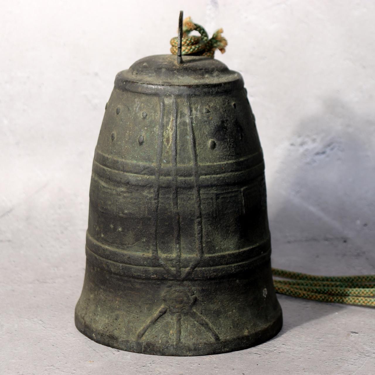 Antique Japanese Bronze Bell Hansho Buddhist Temple Ritual Green Patina BOS9813