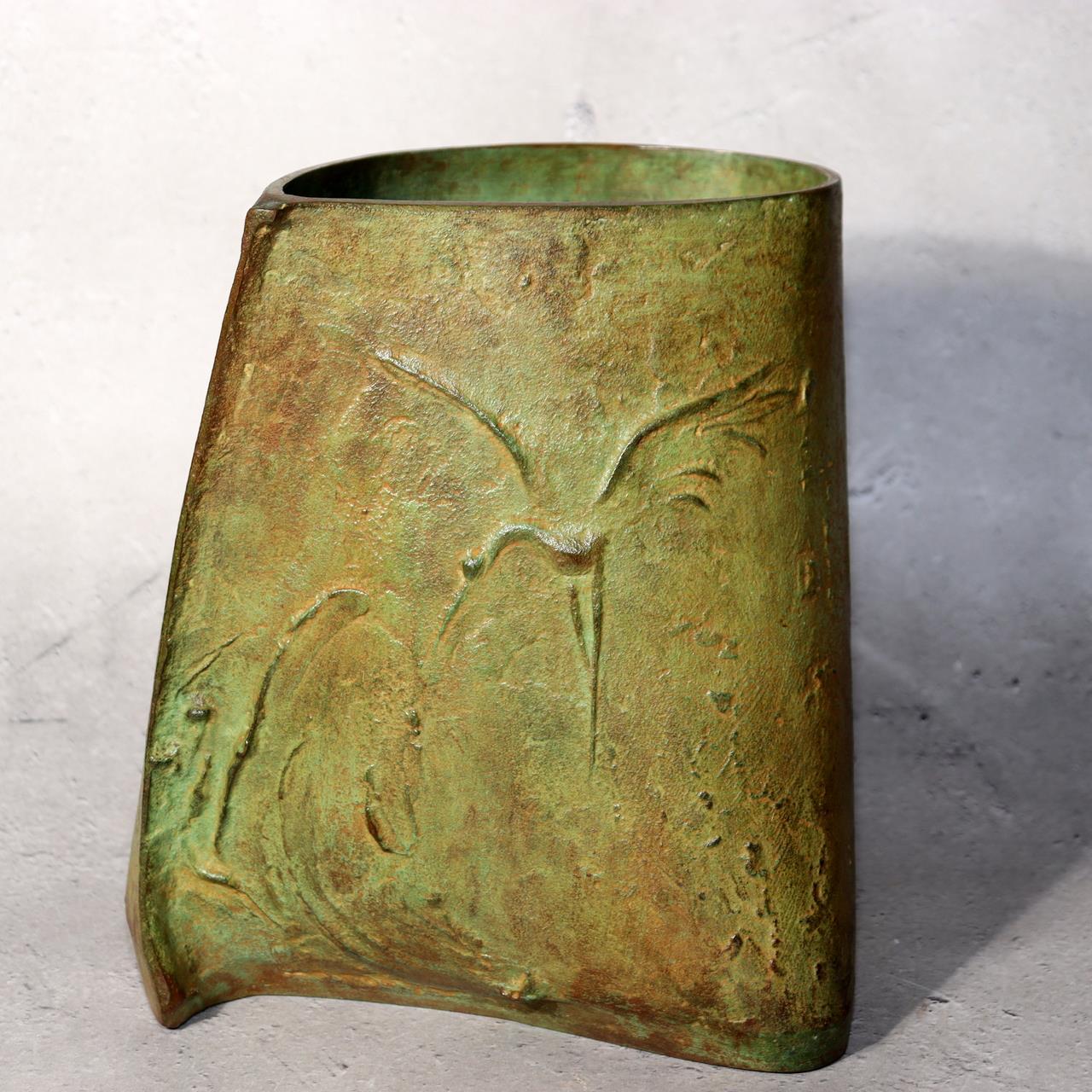 Japanese Bronze Vase Takashi Omori Signed Crane Bird Green Patina Ikebana Art1