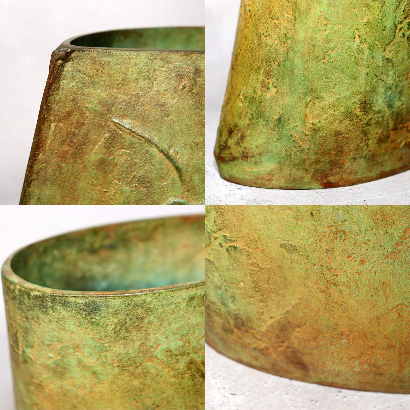 Japanese Bronze Vase Takashi Omori Signed Crane Bird Green Patina Ikebana Art8
