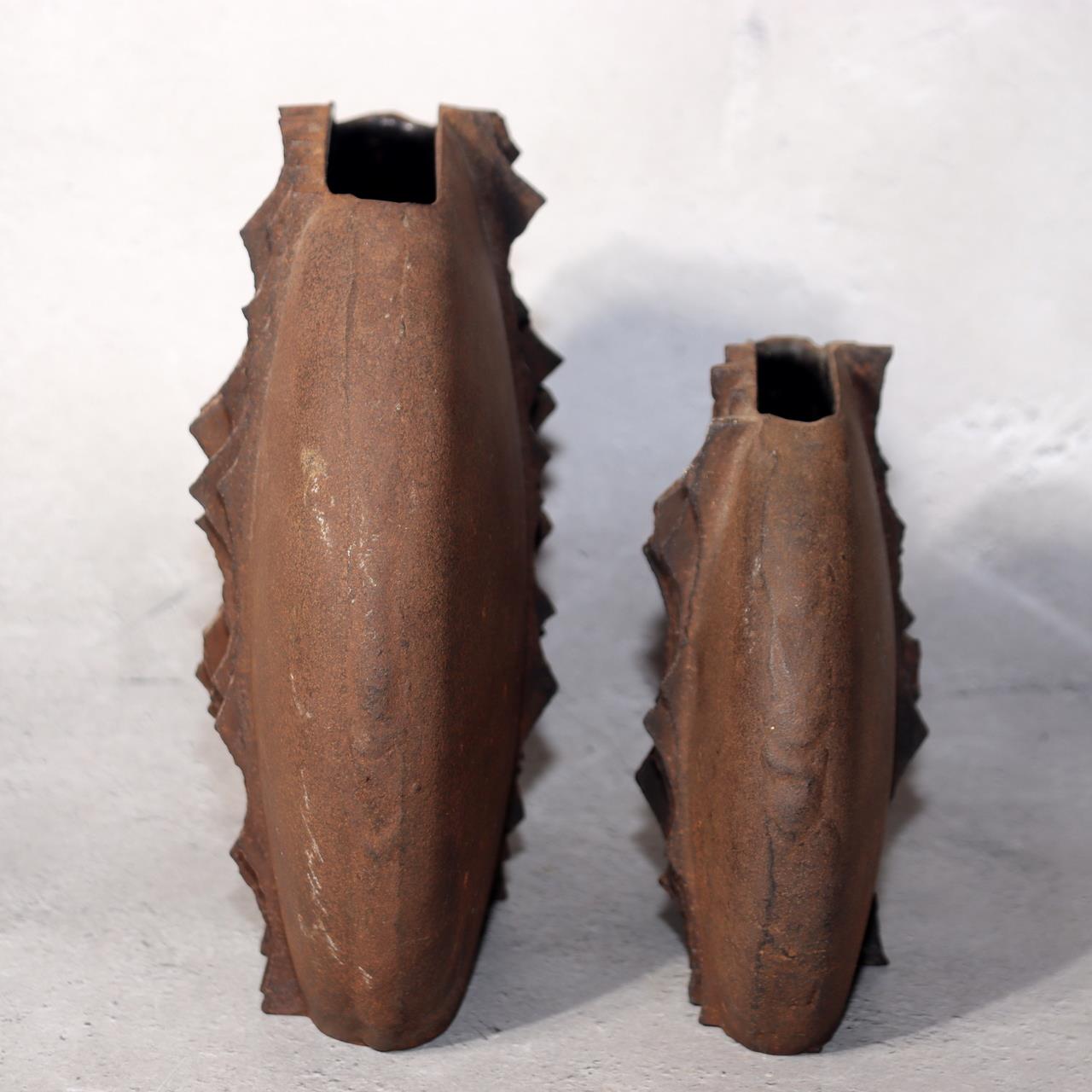 Japanese Cast Iron Flower Vase Set 2pc Brutalist Rustic Ikebana Modern Art1