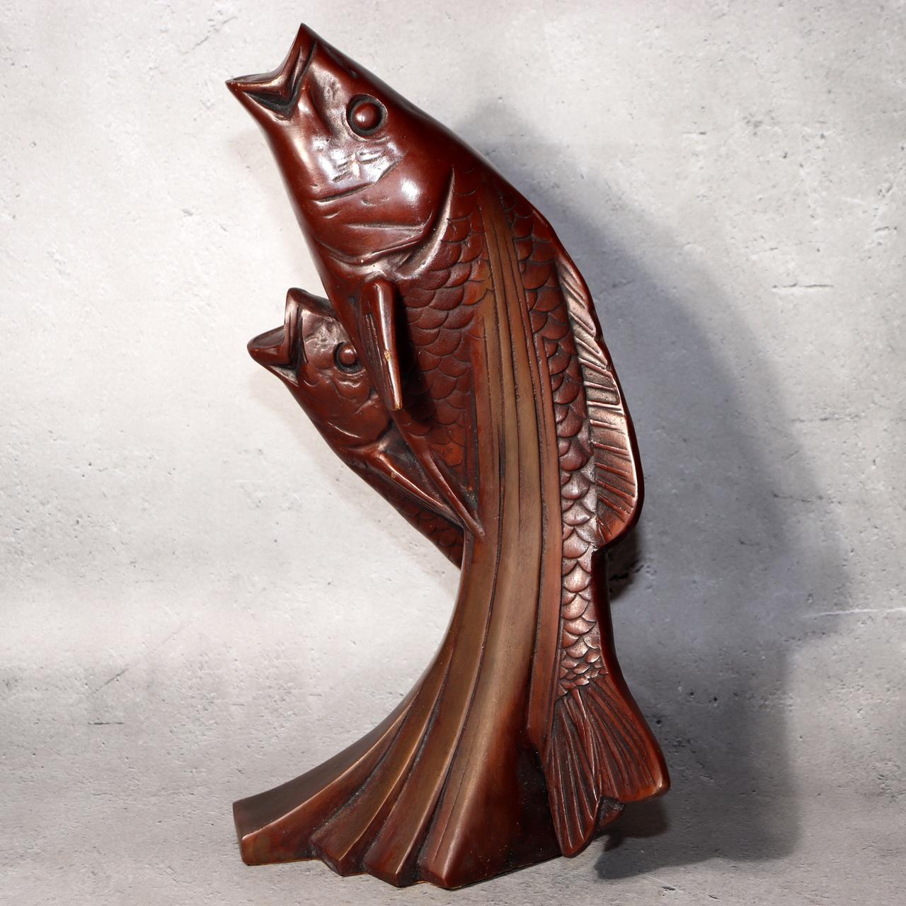 Japanese Bronze Statue Koi Fish Carp Rising Success Saegusa Sotaro Signed0