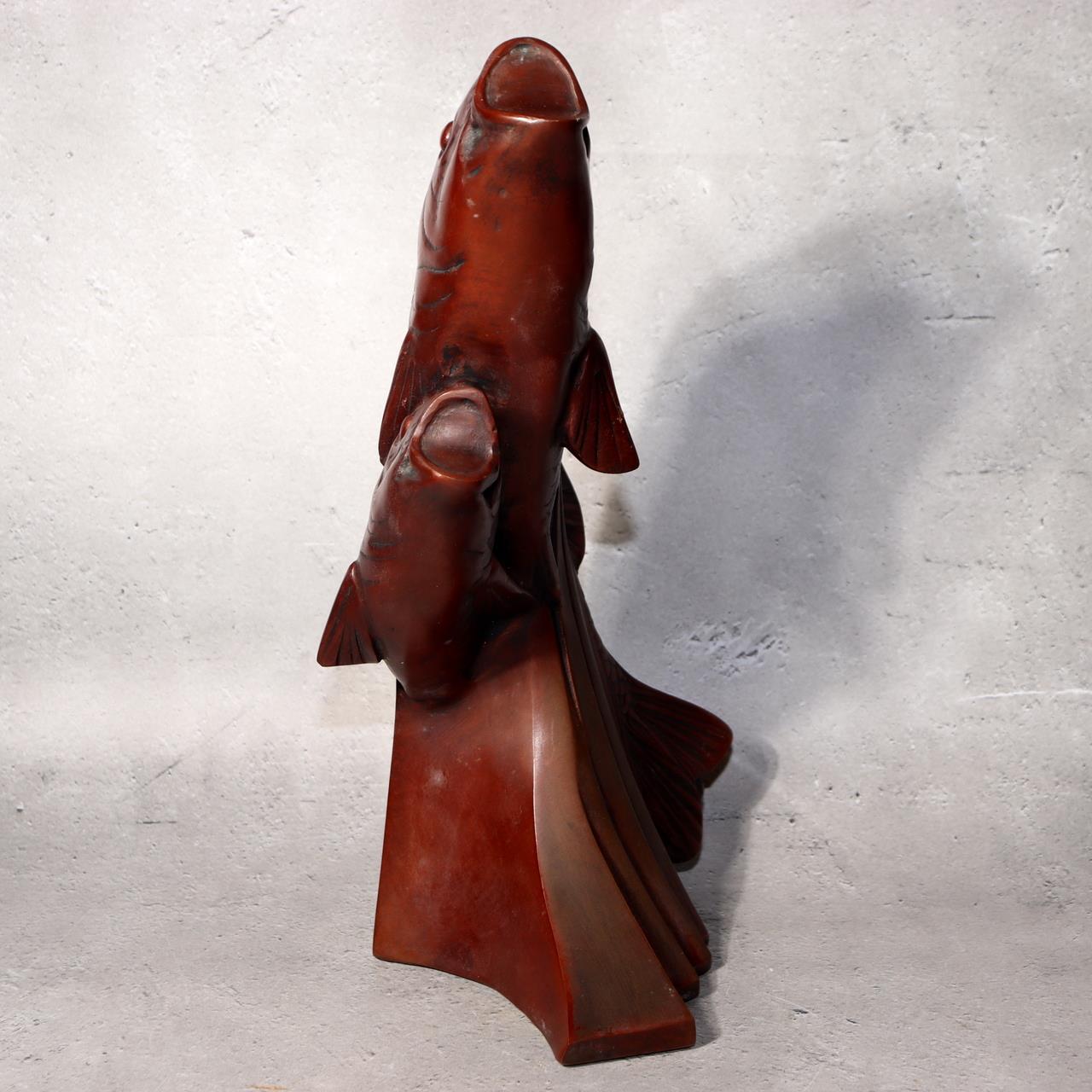 Japanese Bronze Statue Koi Fish Carp Rising Success Saegusa Sotaro Signed2