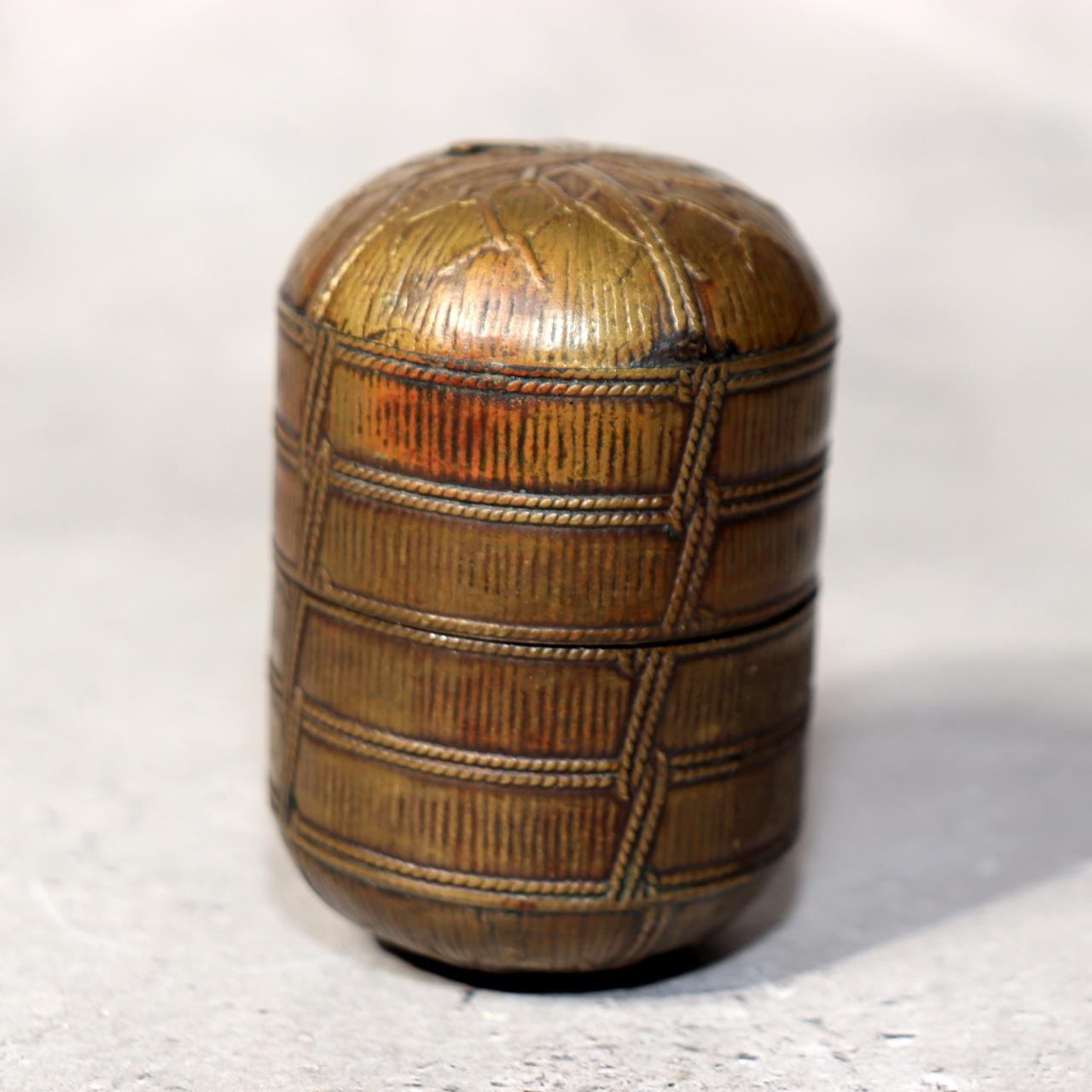 Japanese Antique Meiji Brass Box Kogo Tawara Rice Bale Ikoma Signed Metal0